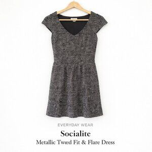 Socialite Metallic Tweed Fit & Flare Dress Black Lined Size M NWT